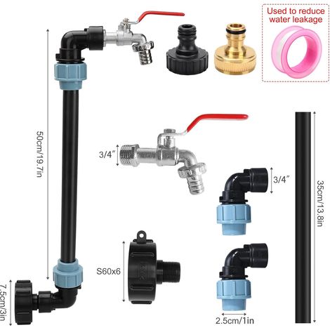 IBC Robinet Cuve 1000L, 3/4'' Raccord Kit, Adaptateur pour Récupération d'Eau de Pluie avec Raccord S60x6 et Ruban D'étanchéité, Col de Cygne En Laiton