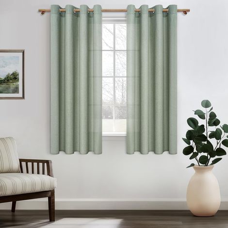 Rideaux Voilage Lin Vert Sauge Translucides 2 Panneaux 140x122cm (1/5)