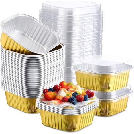 150 moldes cuadrados desechables de aluminio de 280 g con tapa, ideales para pasteles, magdalenas, brownies, pudines y otros postres. Aptos para usar en la cocina y en el congelador. (Dorado) (1/5)