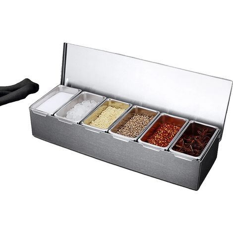 Contenitore per spezie, 6 scomparti, capacità 600 ml per scomparto, dimensioni 45,5 cm x 15 cm x 9 cm, materiale acciaio inox, finitura elettrolitica. (1/5)