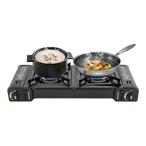 Cuisinière à gaz avec 2 flammes, 64 x 27,8 x 8 cm Cuisinière de camping avec mallette de transport LPG Plaque de cuisson à gaz, pour l'intérieur et l'extérieur (1/5)