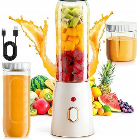 Licuadora portátil, Batidora portátil, Batidora personal inalámbrica, 21000 rpm, Blanca, Vaso doble para zumos y papillas, 450 ml y 180 ml (1/5)