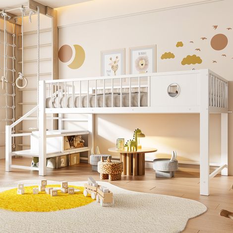 Lit bas mezzanine enfant 90x200 cm avec échelle à étagères, structure métallique solide, pour chambre adolescent, blanc (1/4)