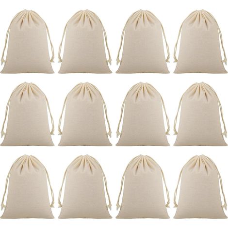12 sacs en tissu en coton avec cordon - 15x20cm - sac cadeau naturel et réutilisable - pour décoration, stockage et voyage - taille pochon ou sac en tissu blanc (1/5)