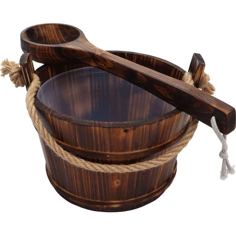 [NON UTILIZZATO] Secchio secchiello per sauna HHG-561 inserto e mestolo, legno di pino scuro