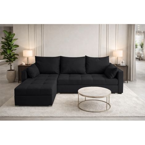 AX LIVING Ecksofa ELIF Schwarz mit Schlaffunktion L-Form, Sofa mit Bettkasten - Moderne Ecksofa, Wohnzimmer Ecksofa - Eckcouch Schwarz - Links