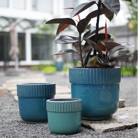 Pot de fleurs en céramique Ø 23 cm turquoise brillant à rainures verticales (1/5)