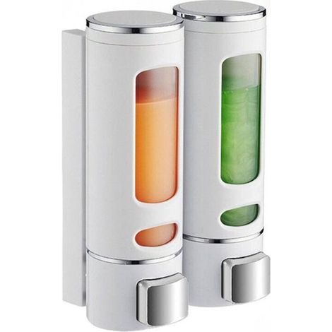Distributeur de savon mural - 2 compartiments - 400 ml - Distributeur de savon en plastique, sans perçage, compatible avec gel douch (1/5)