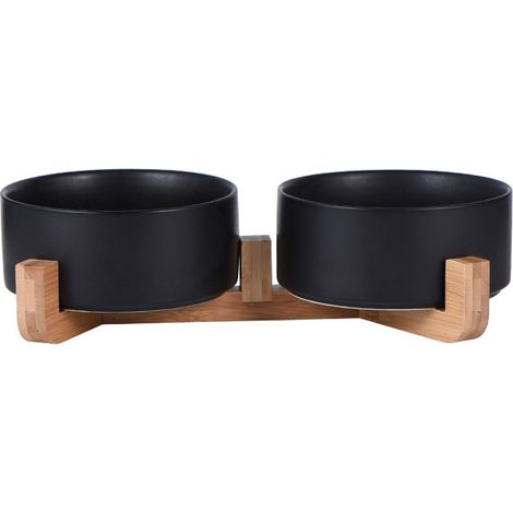2 gamelles céramique, avec support bois antidérapant, hauteur ergonomique pour chat et chien, usage nourriture et eau (1/5)