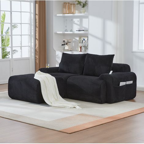 Divano modulare 2 posti in corduroy nero con pouf, portabicchieri e tasca laterale, 200x174x80 cm (1/5)