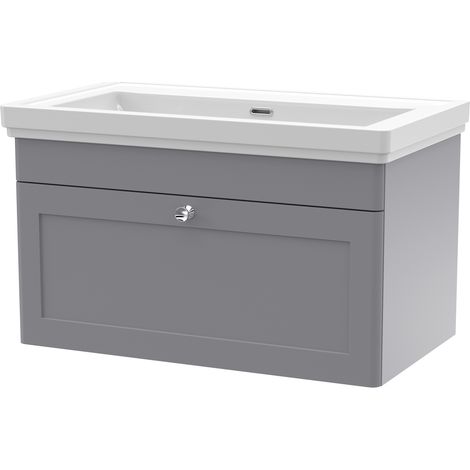 Nuie Classique Satin Grey 800mm Wall Hung Single Drawer Vanity Unit and 66mm Profile Basin - CLC296H (1/3)