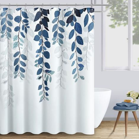 Duschvorhang 180 x 180 cm Blauer Blätter-Duschvorhang Wasserdichter bedruckter Polyester-Duschvorhang