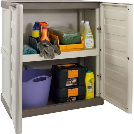Dmora Mobiletto multiuso da esterno o interno, Armadio basso a 2 ante e 1 ripiano in polipropilene, Mobile 100% Made in Italy, cm 70x39h86, colore Beige, con imballo rinforzato
