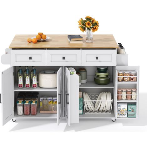 Îlot de cuisine avec plateau rabattable, 4 portes, 3 tiroirs, roulettes freinées et rangements latéraux, blanc et bois clair, 140 x 43(70) x 90,5 cm CHICFURN (1/5)