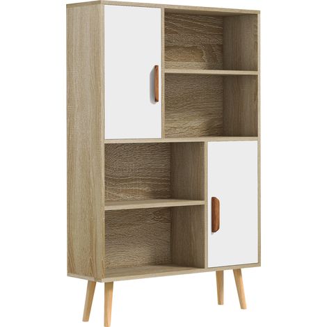 Skandinavisches Bücherregal von HOMCOM mit 4 offenen Regalböden und 2 Türen mit je einem Einlegeboden, 80 x 24 x 123 cm (B x T x H), schlanke, schräg gestellte Beine aus massiver Eiche.