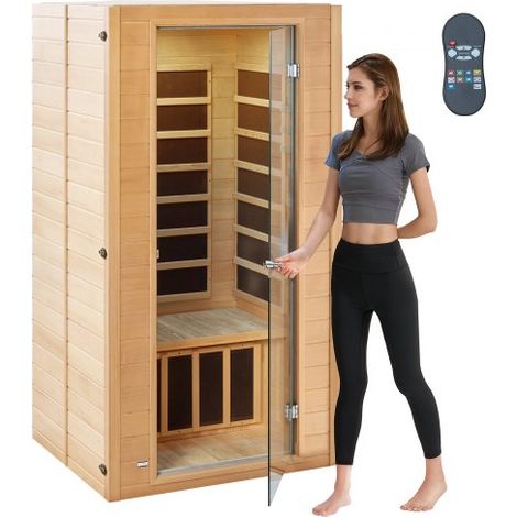Sauna infrarouge lointain pour 1-2 personnes, cabine sauna domestique en bois pruche infrarouge faible EMF avec porte en verre trempé, lampe multicolore, haut-parleurs Bluetooth, chromothérapie (1/4)