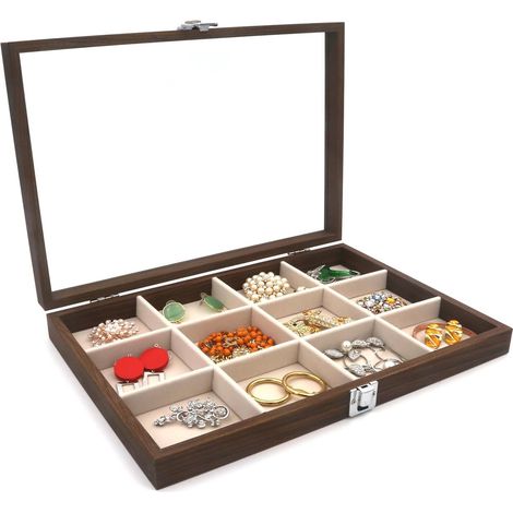 Boîte À Bijoux - Boîte De Rangement Pour Collections - Vitrine En Mdf Avec Dessus En Verre Transparent - 34,8 X 23,9 X 5,1 Cm - 12 Compartiments