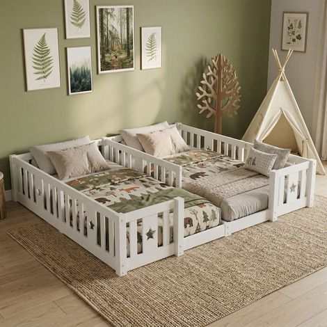 Cama lit infantil - Modelo Montessori - 90 x 200 cm - Somier de lamas - Madera maciza blanca con motivo de estrella (1/5)