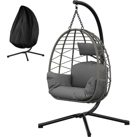 Fauteuil Suspendu Pliable – Rotin Noir Gris – Cadre Métal support 150kg – Balançoire Œuf jardin extérieur 105×105×196 cm