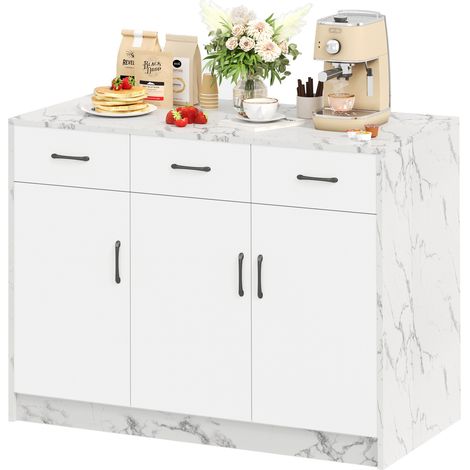 Isola cucina 120 x 60 x 90,5 cm in MDF bianco effetto marmo, 3 cassetti, 3 ante, spazio bar (1/5)
