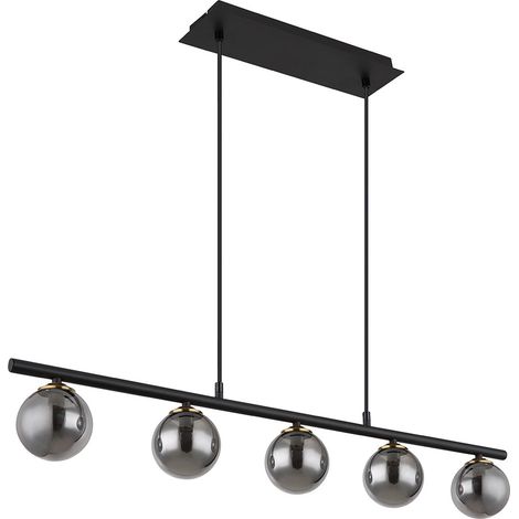 Suspension, lampe de table à manger, boule de verre, noir, 5 flammes, réglable en hauteur, métal verre fumé, 5x douilles G9, LxlxH 90x10x120 cm (1/5)
