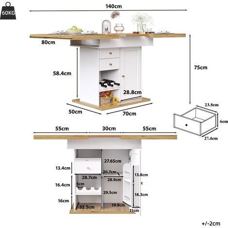 Table à manger extensible 110-140x80cm, table de cuisine pliante 4-6 personnes, escamotable gain de place pour salon et cuisine, blanc avec étagère à snacks et porte-bouteilles
