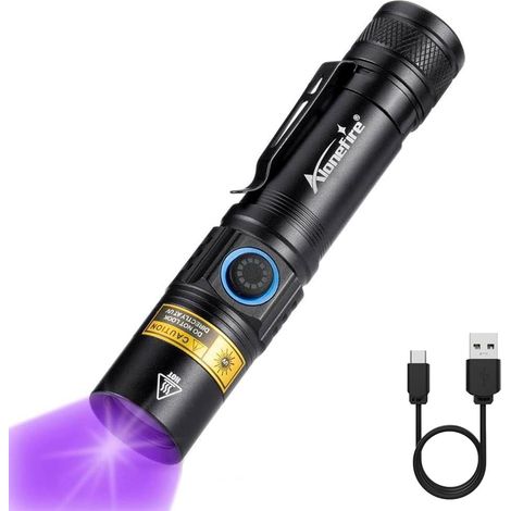 Alonefire SV38 5W Lampe Torche UV LED 365nm Type C USB Rechargeable Lampe Ultraviolet Lumiere Noire Détecteur D'urine pour Resine, Fluoresceine, Peinture, Scorpion, Minéraux avec Batterie Lithium (1/5)