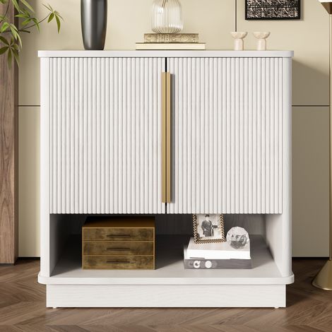 Meuble à chaussures moderne blanc avec 2 portes et niche ouverte – Armoire d’entrée gain de place aspect bois avec poignées dorées, idéale pour entrée, couloir ou chambre, 60 × 40 × 61 cm