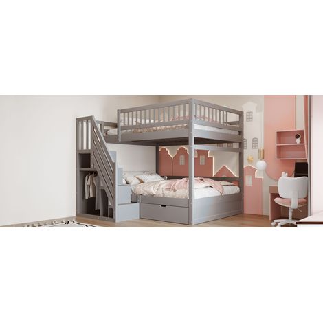 Lit superposé en bois massif 140x200cm, barrière de sécurité haute, sommier inclus, échelle rangement avec tiroirs, lit enfant junior double, gris (1/5)