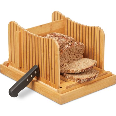 Relaxdays Bamboo Bread Slicer, Adjustable Loaf Cutting Board with Crumb Catcher, Toast & Cake, Natural Wood