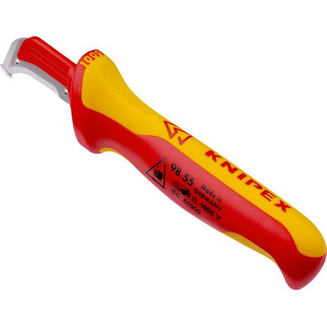KNIPEX 98 55 Coltello spelacavi con guida scorrevole isolati con manici rivestiti in materiale bicomponente, collaudati VDE 180 mm