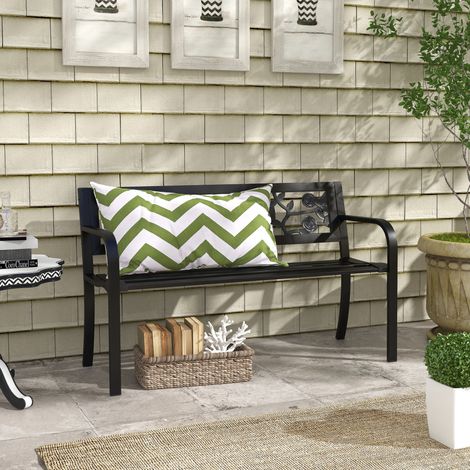 Banc de jardin 2 places en acier avec dossier et accoudoirs décorés, 127 x 50 x 75 cm, noir (1/5)