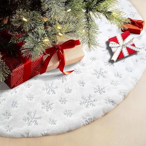 90cm Jupe de Sapin, Blanc Peluche Tapis de Noël, Sapin Jupe avec Broderie Argent Flocon, Couvre-Pieds de Noël à Paillettes Argentées et Flocons de Neige (1/5)