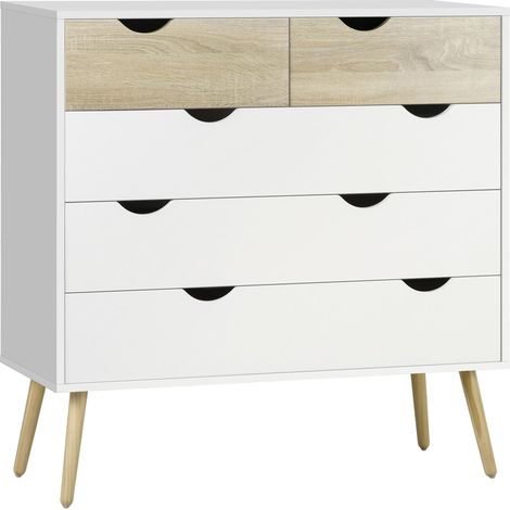 Commode à 5 tiroirs, pieds en bois surélevés, idéale pour le salon ou le bureau, 99 x 39 x 101 cm, blanc et chêne.