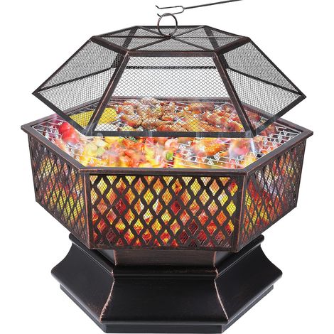 Brasero Exterieur avec Grill, Foyer Extérieur, Brasero de Jardin, Foyer de Chauffage/Barbecue, avec Filet de Protection, Grill au Charbon & Poker, pour Jardin Terrasse Plage - 66 x 66 x 63 cm (1/5)