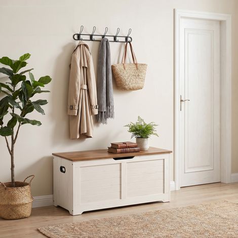 Coffre de Rangement, Banc à Chaussures avec Charnières de Sécurité, pour Salon, Entrée, Chambre, Blanc et Marron