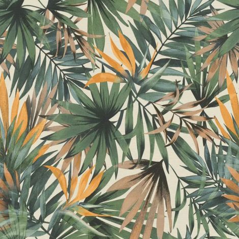 Tropical Palm Leaf Vinyl Wallpaper Green Teal Ochre Botanical Feature Wall