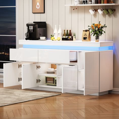 Credenza da cucina bianca, mobile contenitore 140x35x72,5 cm, 2 cassetti, 4 ante, pannello truciolare laccato bianco, LED e USB (1/5)