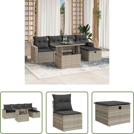 vidaXL Table de jardin - Salon de jardin 6 pcs avec coussins gris clair résine tressée (1/5)