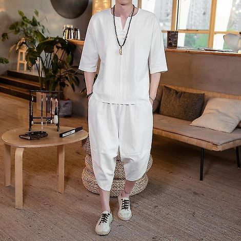 Costume d'été léger pour homme en lin, coupe ample, style chinois, grande taille, coton et lin, 2 pièces / Pantalon à manches courtes, ensemble 2 pièces Sci886-L-Blanc (1/5)