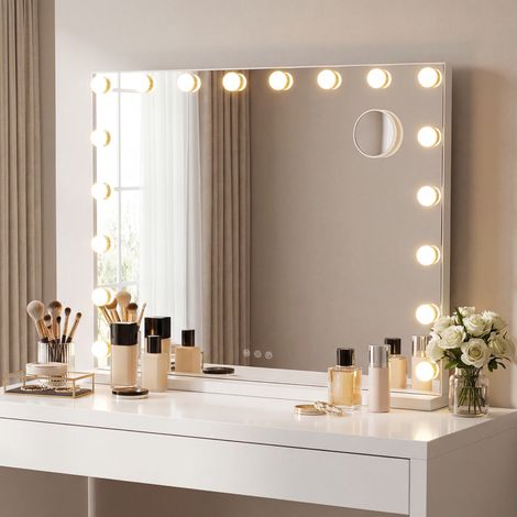 Miroir de Maquillage avec 18 Ampoules LED, 3 Couleurs, Port USB, 62 x 80 x 5,7 cm, Blanc (1/5)