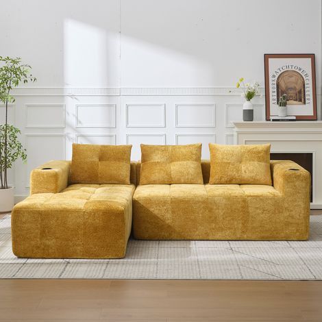 Canapé d’angle gauche ou droit 3 places 258 x 163 x 68 cm, canapé salon jaune, 3 coussins, assise souple, chenille polyester (1/5)