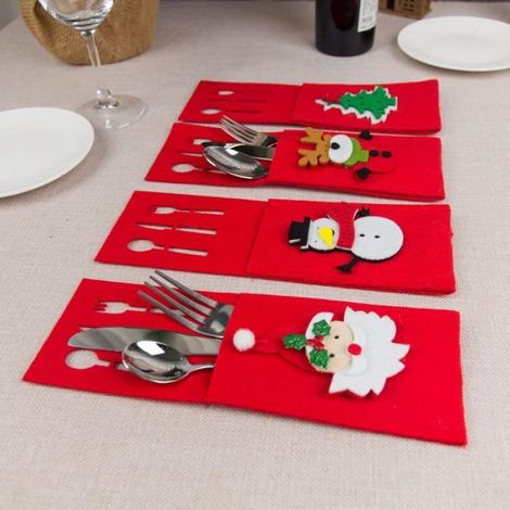 Porte-Couverts - Noël - 4 Pièces - Tissu Non Tissé - Rouge (1/4)