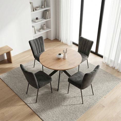 Ensemble de table à manger ronde, plateau rond en MDF finition chêne de 115 cm pour salle à manger et cuisine (4 chaises, velours, gris) (1/5)