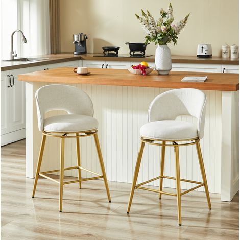 Barhocker aus beigem Stoff, 360° drehbar, goldfarbenes Metallgestell, ergonomische Rückenlehne,56×53×92cm (1/5)