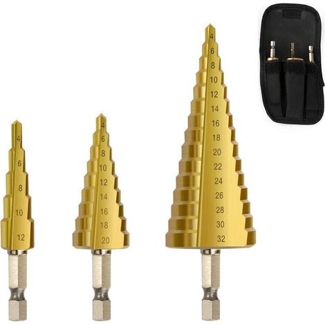 Lot de 3 Forets Étagés - Pour Plastique, Aluminium et Acier Inoxydable - Type Pagode - Tranchants et Résistants à l'Usure (1/5)