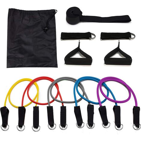 Ensemble de 11 bandes de résistance pour exercices - avec ancrage de porte, poignées, sangles de cheville, empilables jusqu'à 47,6 kg (105 lbs), pour l'entraînement de résistance, la physiothérapie et (1/5)