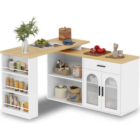 Îlot central de cuisine Blanc,table de bar,avec étagères réglables,plan de travail,prise avec USB,136x50x78cm,cuisine,salon (1/5)