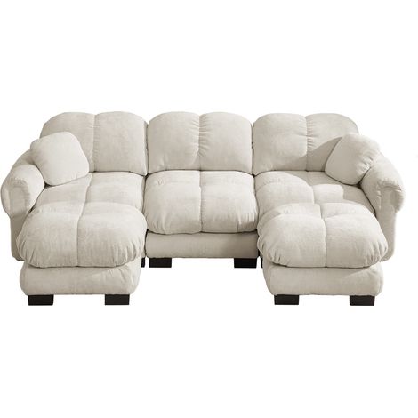 Modulares U-Sofa, 3-Sitzer, aus Chenille, mit mobilem Hocker und 2 Kissen, Hellbeige (1/5)