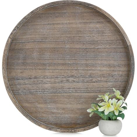 Large Wooden Serving Tray, Vintage, Dark Brown, Decorative XXL Trays for Living Room, Coffee Table, Pouffe – 22 Inch Round Tray Decoration Centerpiece for Home Kitchen (1/5)